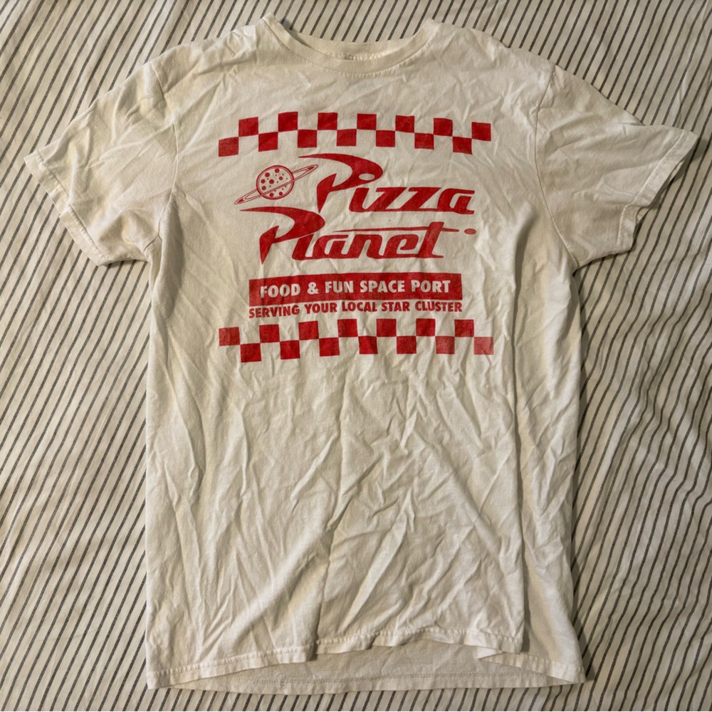 White T-Shirt with Red Pizza Planet Graphic